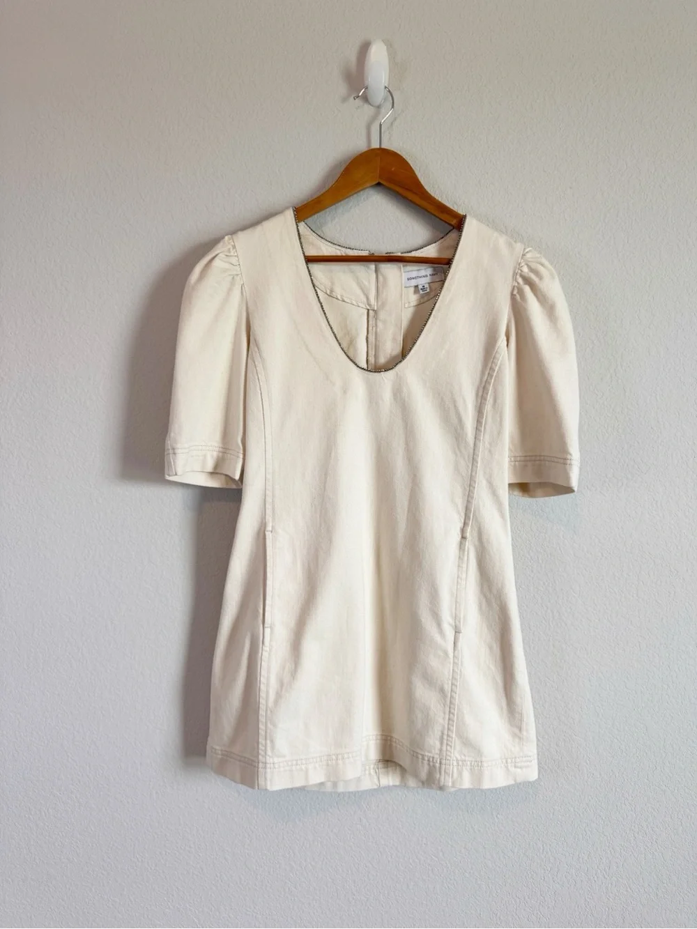 Something Navy Beige Spencer Denim Embellished Puff Sleeve Mini Dress Size M - Picture 2 of 10